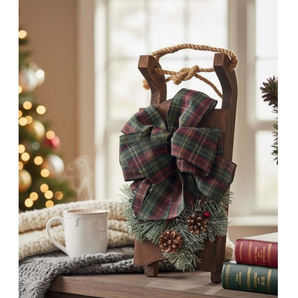 Wood Christmas Sleigh With Green Plaid Bow Holiday Door Wall Decor 16 x 7 x 6